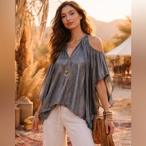 NWT DELETTA ANTHROPOLOGIE Metallic Gray Tulay Open Cold Shoulder Top Oversized S